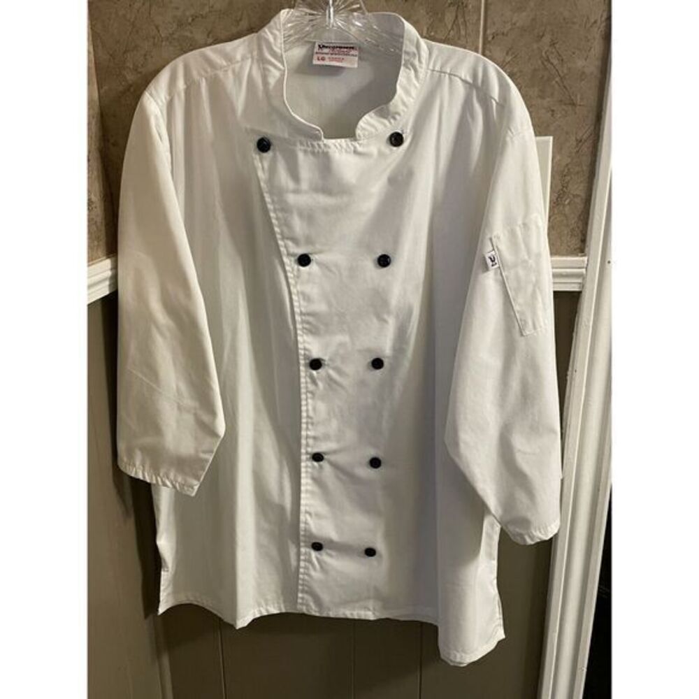 Uncommon Threads Chef‎ Coat Adult Large White Long Sleeve 10 Black Buttons